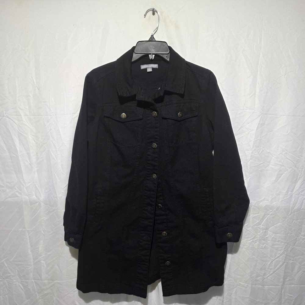 Jessica London Black Denim Jacket Longline Button Front Cotton Coat Plus 12W